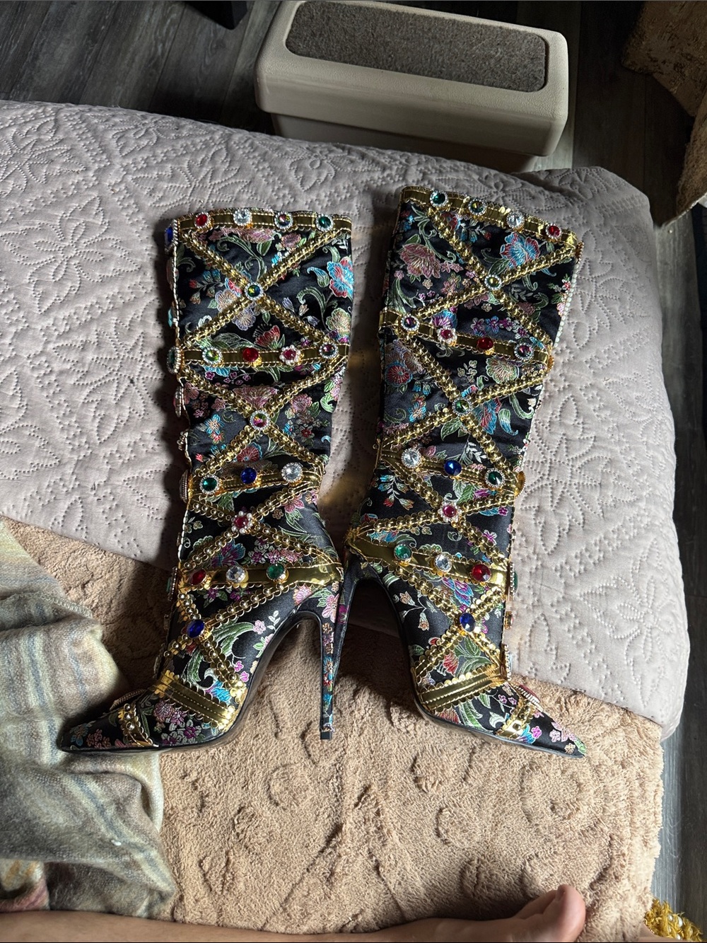 Embellished Floral Black Knee-High Stiletto Boots with Gold Trim